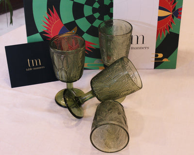 Green Embossed Wine Glass - Set of 4