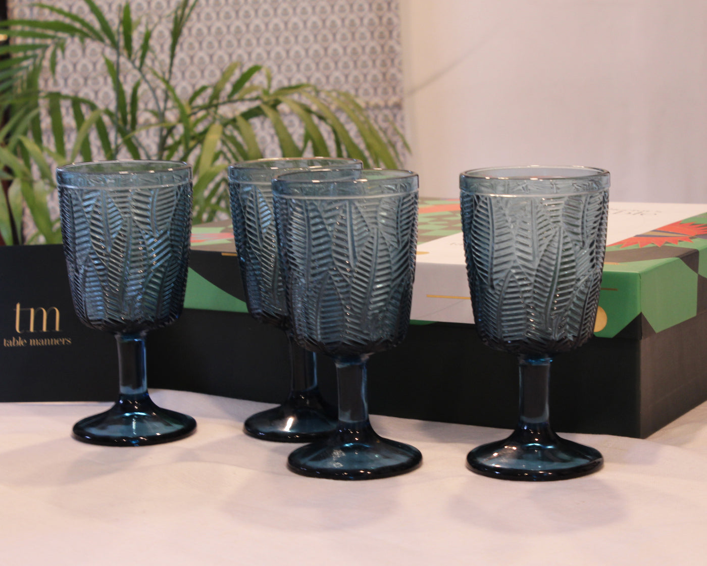 Turquise Blue Embossed Wine Glass - Set of 4