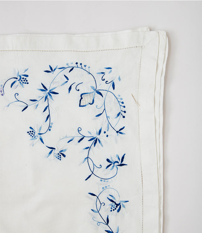 White & Blue Floral Embroidered Table Cover