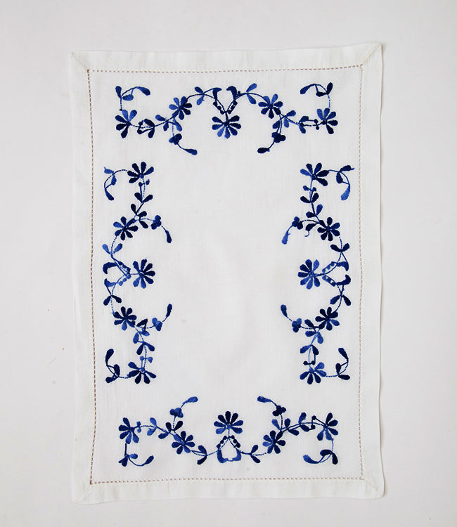 White & Blue Embroidered Tablemats - Set of 6